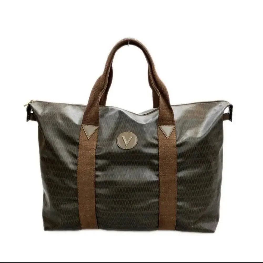 Valentino V Monogram Authentic Brown Coated Canvas Zip Tote Vintage travel bag